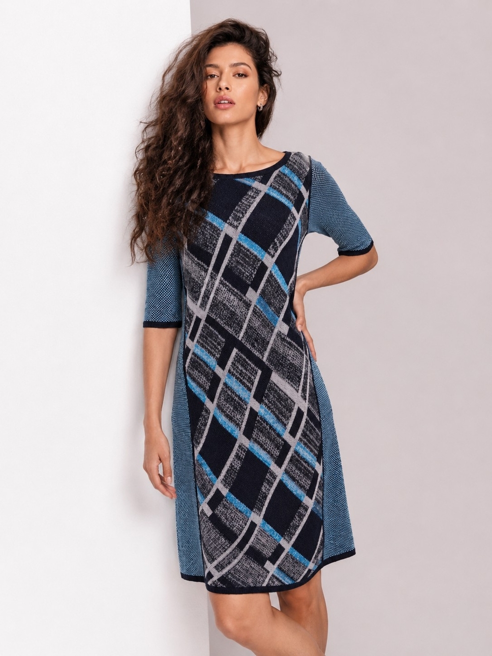 Anthropologie Sparrow Gwyn Wool Blend Sweater Dress Plaid Knit Blue Large
